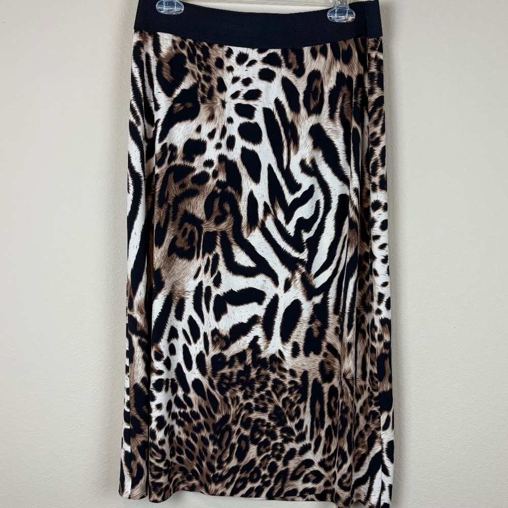 Coco Bianco Brown/Tan Animal Print Midi Skirt with Wide Elastic Black Waistband